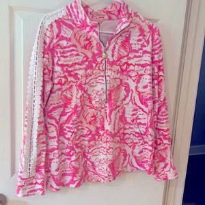 Lilly Pulitzer cotton quarter zip, pink floral, size M